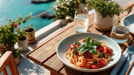 Delicious Plate Of Spaghetti With Tomato Sauce Garnished With Basil Leaves And Cherry Tomatoes Set On A Wooden Table With Ocean View Background And Two Glasses Of Water During Daytime