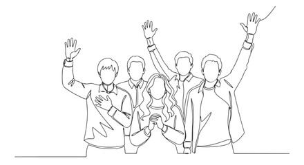 Continuous line art drawing of a diverse group of people waving, a single continuous line creating a cohesive artistic representation