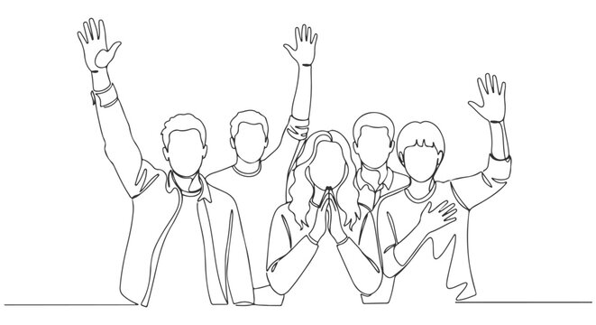 Continuous one line art drawing of a cheerful group of young people waving their hands together