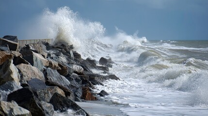A dramatic seascape featuring crashing waves against rocks, showcasing the power of nature and turbulent weather under a cloudy sky.