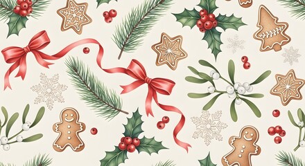Seamless pattern of Christmas decorations cookies and holly