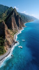 Obraz premium Dramatic Rugged Cliffs Rising Sharply Above a Turquoise Ocean on a Sunny Day