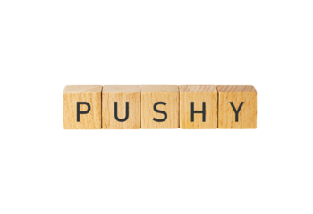 Wooden letter tiles spelling the word pushy isolated on transparent background