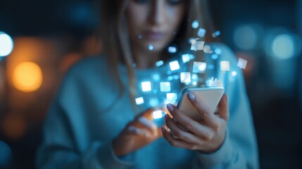 Young Woman Using Smartphone with Digital Light Effects in Night Urban Setting
