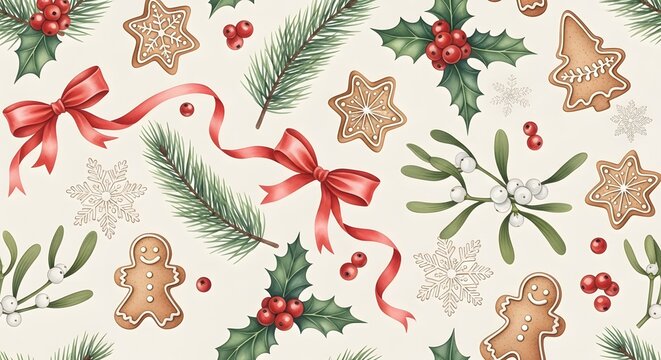 Seamless pattern of Christmas decorations cookies and holly