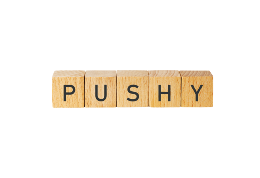 Wooden letter tiles spelling the word pushy isolated on transparent background