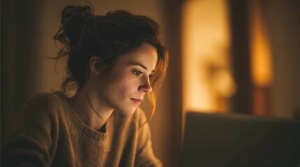 Young Woman Using Laptop in Warm Indoor Environment During Evening