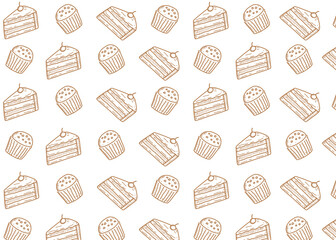 Seamless pattern of hand-drawn cakes and muffins in doodle line art style. Perfect for bakery packaging, café branding, wrapping paper, textile design, and background decoration. Food packaging