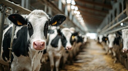 A close-up of a cow in a barn, surrounded by other cows, highlighting farm life and animal care in a well-lit environment.