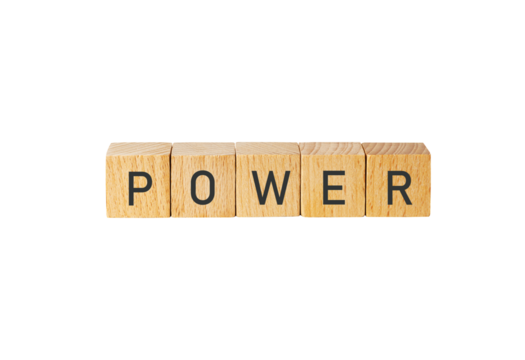 Wooden scrabble tiles spell out power isolated on transparent background