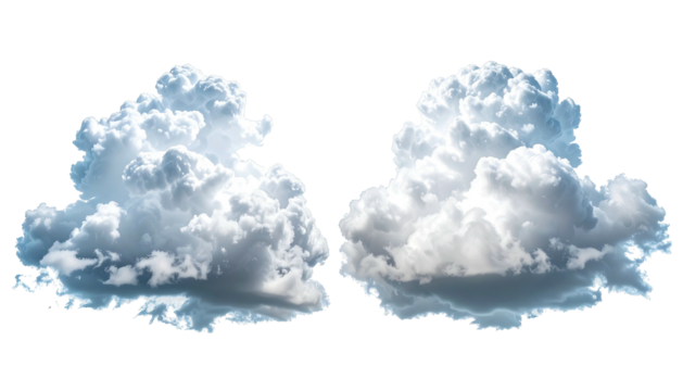 Two fluffy, isolated cumulus clouds against a black background