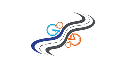 Obraz premium Abstract winding road with two stylized cyclists, blue and orange, riding along curves. across bends