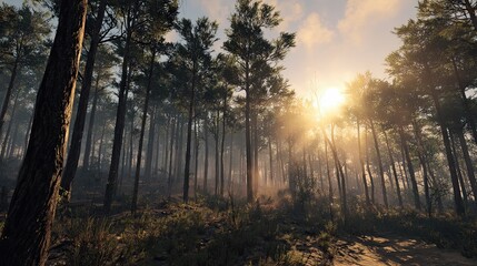 A serene forest scene with tall trees and sunlight filtering through, creating a tranquil atmosphere filled with natural beauty.