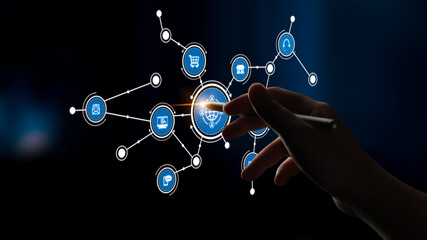 A hand reaching out to interact with a futuristic digital interface that showcases various global...