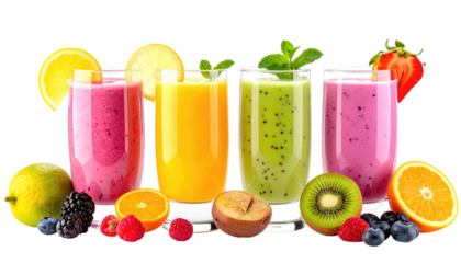 Colorful smoothies displayed with fruit garnish, refreshing & vibrant