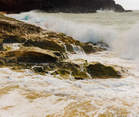 Waves Washing Over Sand and Coral Reef on Kepuhi Beach, Molokai, Hawaii, USA
