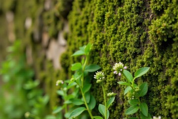 Obraz premium A weathered, moss covered stone wall with small wildflowers blooming, suggesting age and natural resilience. Macro, detailed photograph of an ancient, weathered stone wall covered in lush green moss,