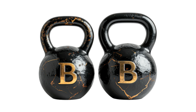 Two black kettlebells with gold "B" and cracks, on transparent - Powered by Adobe