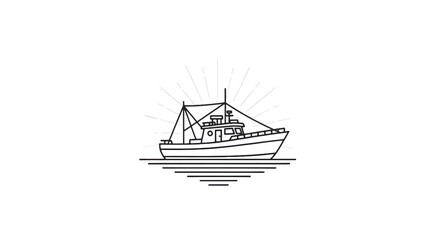 Minimal line-art boat gliding on calm water, sunburst rays behind, and striped reflection, softglow