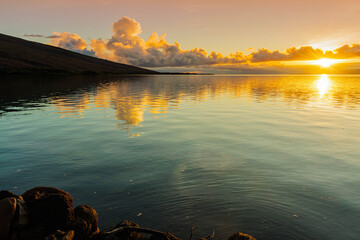 Sunrise Reflection With Maui Across Pailolo Channel, Molokai, Hawaii, USA