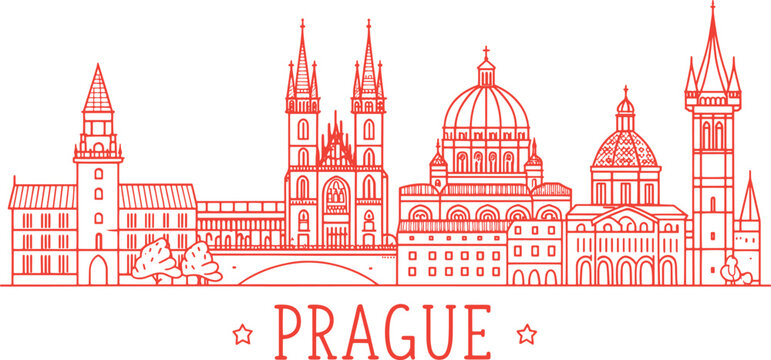 Prague Skyline Sketch with Charles Bridge, Prague Castle and Old Town Landmarks | Hand Drawn Cityscape Illustration for Travel Poster, Wall Art and Tourism Promotion