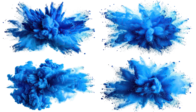 Four blue powder explosions on black background, abstract style