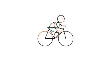 Minimalist line-art of a cyclist on a bike, formed by overlapping geometric curves and colors. vivid