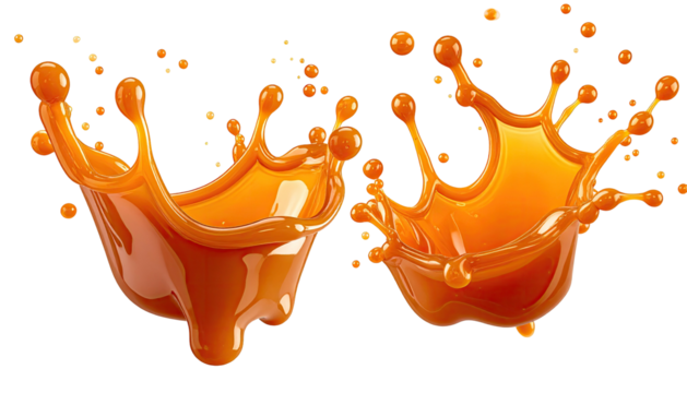 Splashes of sweet, thick, golden-brown caramel in dynamic motion