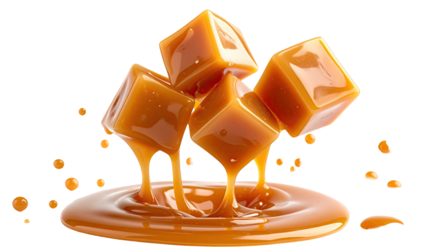 Stacked caramel cubes dripping into a sweet puddle