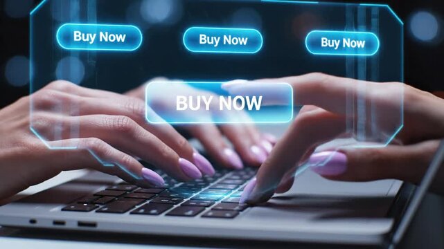 Woman using laptop to shop online digital buy now buttons futuristic technology concept for e commerce
