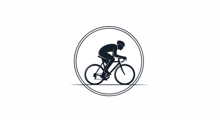 Silhouette of a cyclist on a road bike, enclosed by double circles and a ground line. inside rings!!