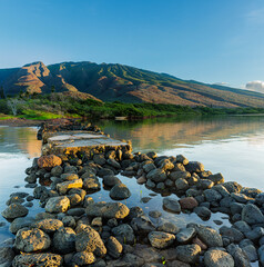 Historic Kamalo Wharf With Volcanic Mountains Above, Kamalo, Molokai, Hawaii, USA