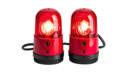 Two bright red, clear-domed hazard lights on a black background