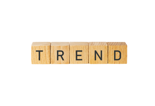 Wooden scrabble tiles spelling trend isolated on transparent background