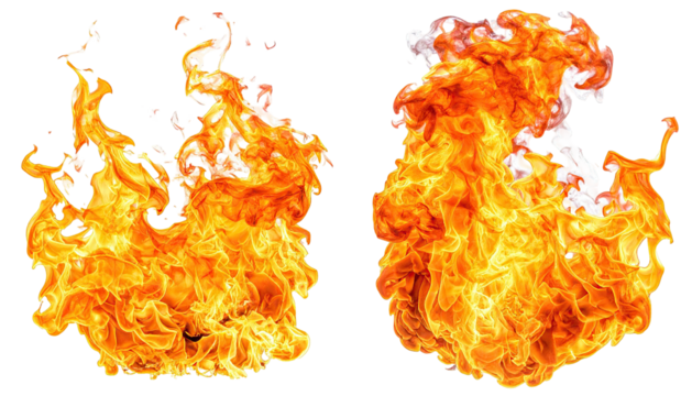 Two brilliant orange and yellow flames against a black backdrop