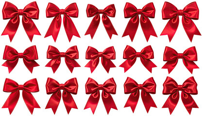 Fifteen glossy, red satin bows arranged on a black backdrop