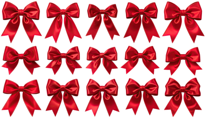 Fifteen glossy, red satin bows arranged on a black backdrop