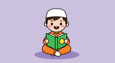Adorable cartoon boy wearing a white kufi hat sitting crosslegged and reading a green book.
