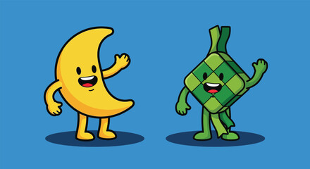 Adorable Cartoon Crescent Moon and Ketupat Waving Hello.