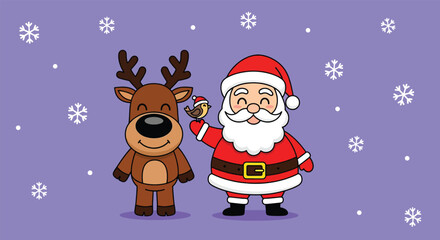 Adorable Cartoon Santa Claus and Reindeer with Festive Snowflakes.