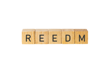 Wooden letter tiles spelling the word redeem isolated on transparent background