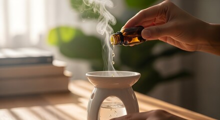 Close-up of a hand dropping natural essential oil from a dropper bottle into a ceramic aroma diffuser, creating steam for aromatherapy and relaxation.