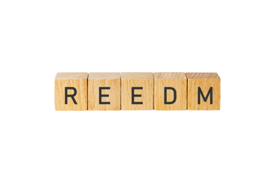Wooden letter tiles spelling the word redeem isolated on transparent background