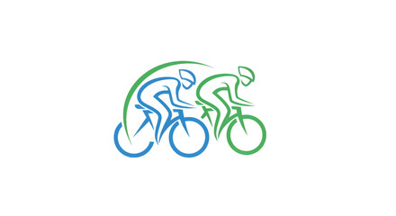 Two stylized cyclists blue and green, lean forward in motion beneath a sweeping emerald arc. swift