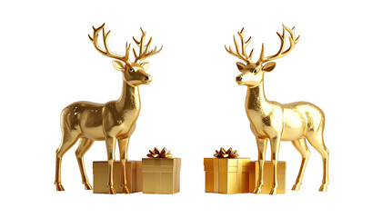 Two golden deer atop presents, against black backdrop