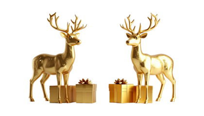 Two golden deer atop presents, against black backdrop