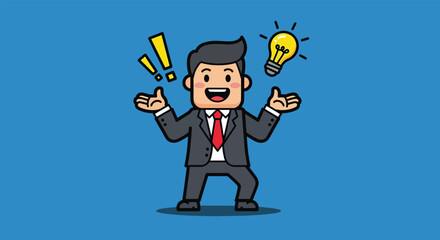 Cartoon Businessman with Bright Idea and Exclamation Marks.
