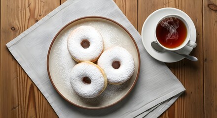 Flat lay of three delicious powdered sugar donuts on a white plate, accompanied by a steaming cup of tea on a rustic wooden table with a white napkin.