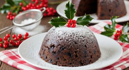 A festive christmas pudding dusted with icing sugar and garnished with holly and berries, ready for a holiday celebration