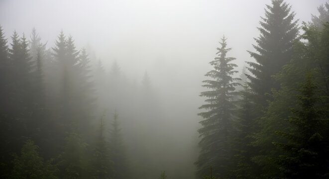 Misty forest on a cloudy day atmospheric evergreen landscape